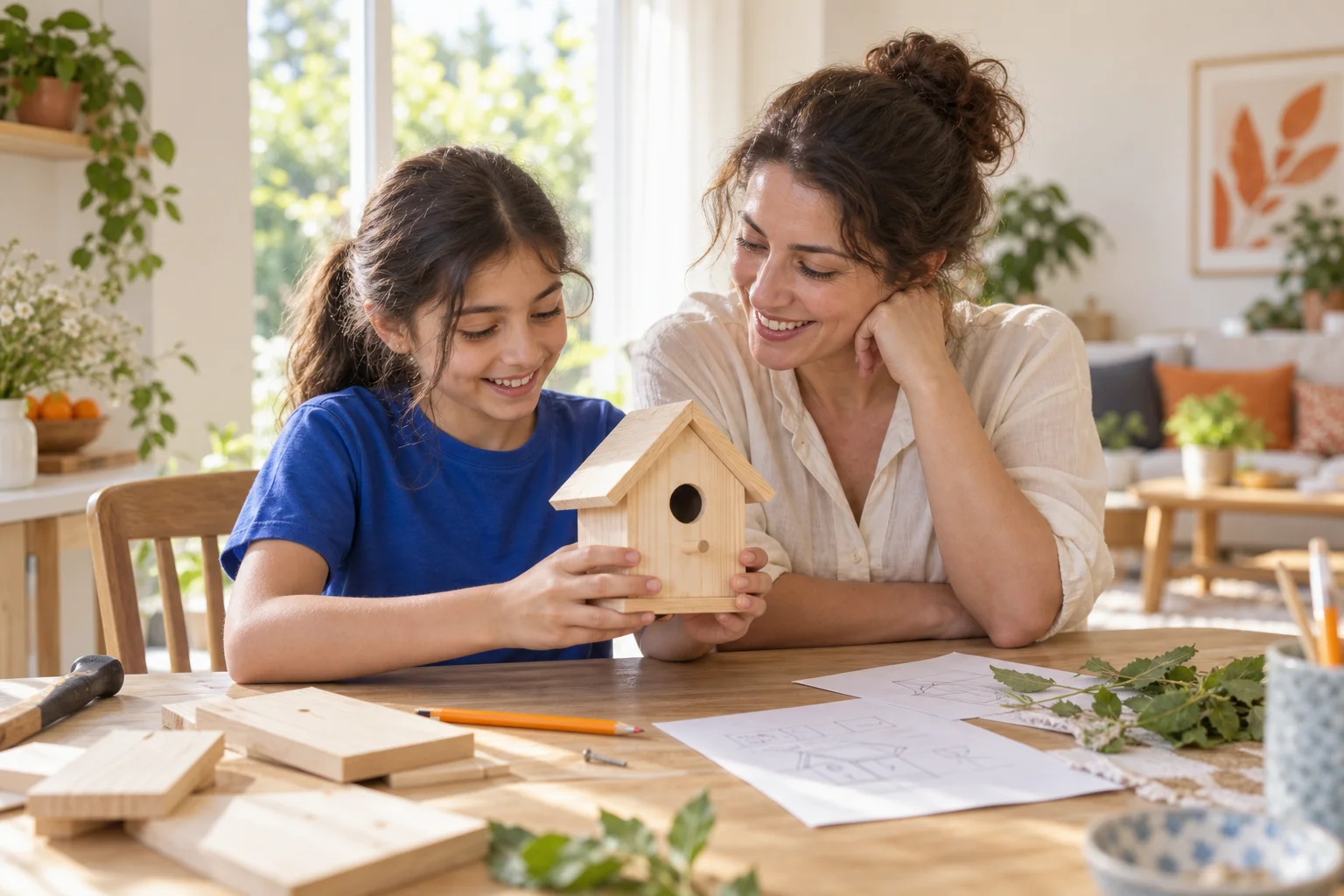 Bir çocuğun annesiyle birlikte ahşap kuş evini incelediği temsili proje sahnesi